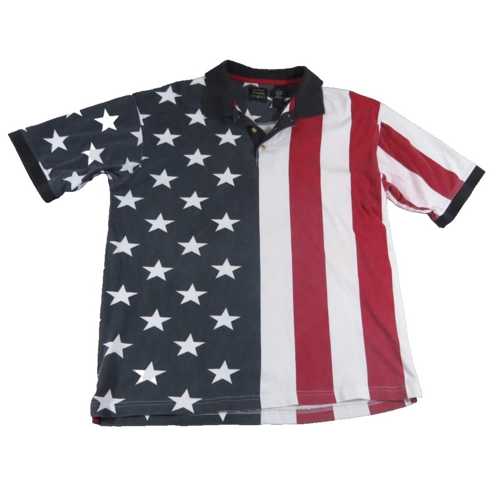 Cotton Traders Sport VTG 90s USA Flag Polo Shirt Men L 4th of July Patriotic Red